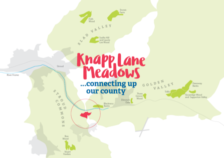 A map showing the Golden Valley, Slad Valley and Stroud Commons, and the locations of GWT nature reserves as well as Knapp Lane Meadows