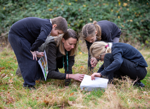 Jennie and a group of children bug hunting