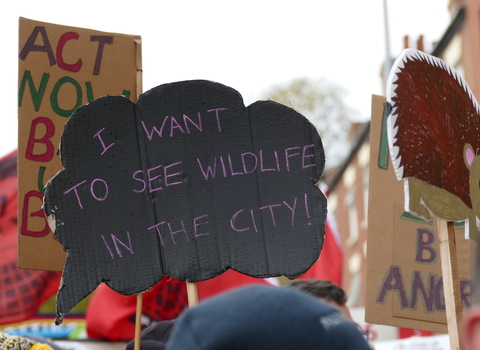 A placard that reads "I want to see wildlife in the city!"