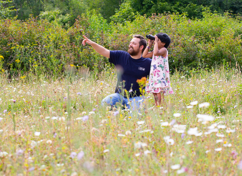 A man and child birdwatching